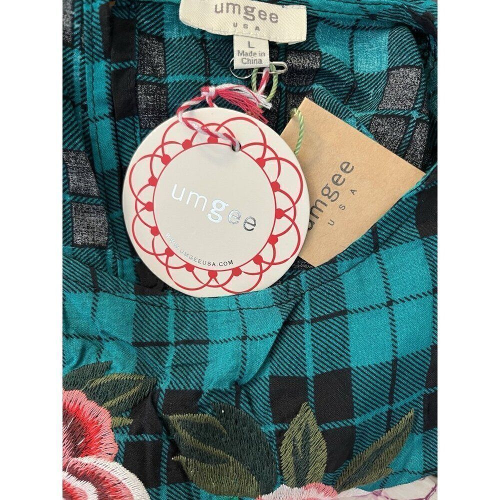 Umgee Womens Large Green Plaid Embroidered Floral Boho Long Sleeve NWT - Picture 4 of 5